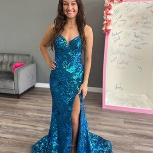 Jovani Blue Floral Sequin Prom Dress